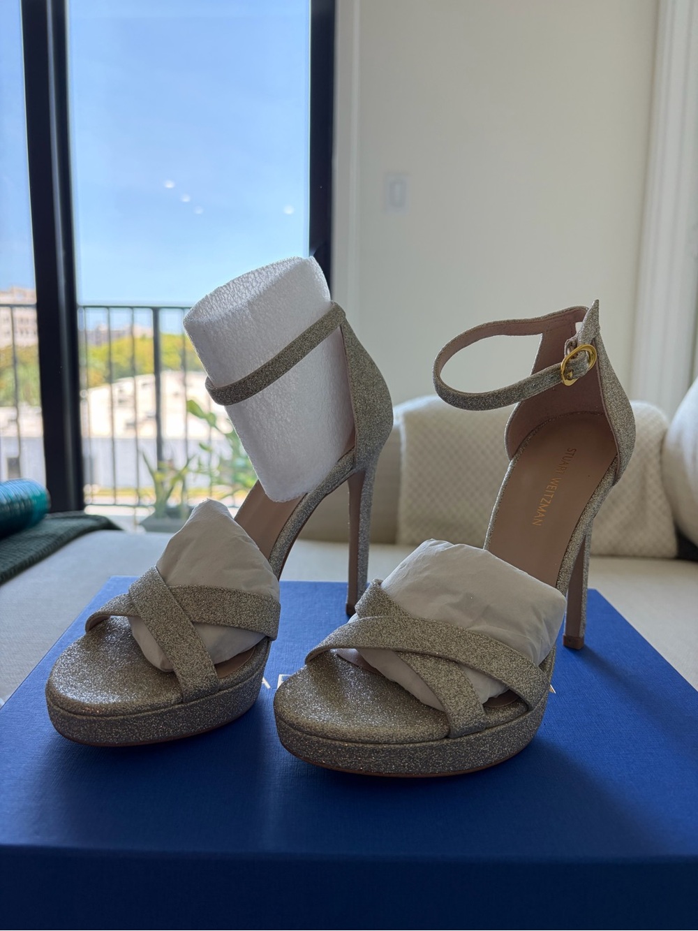 Stuart Weitzman Gold Glitter Ankle-Strap Platform Heels